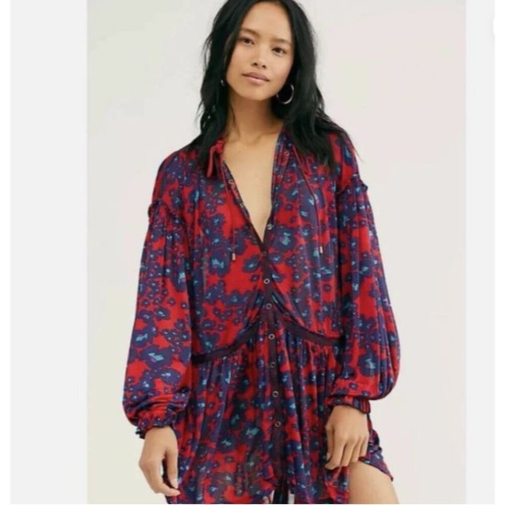 Free People Love Letter Tunic Top Mini Dress Womens Large Red Floral OB1005817